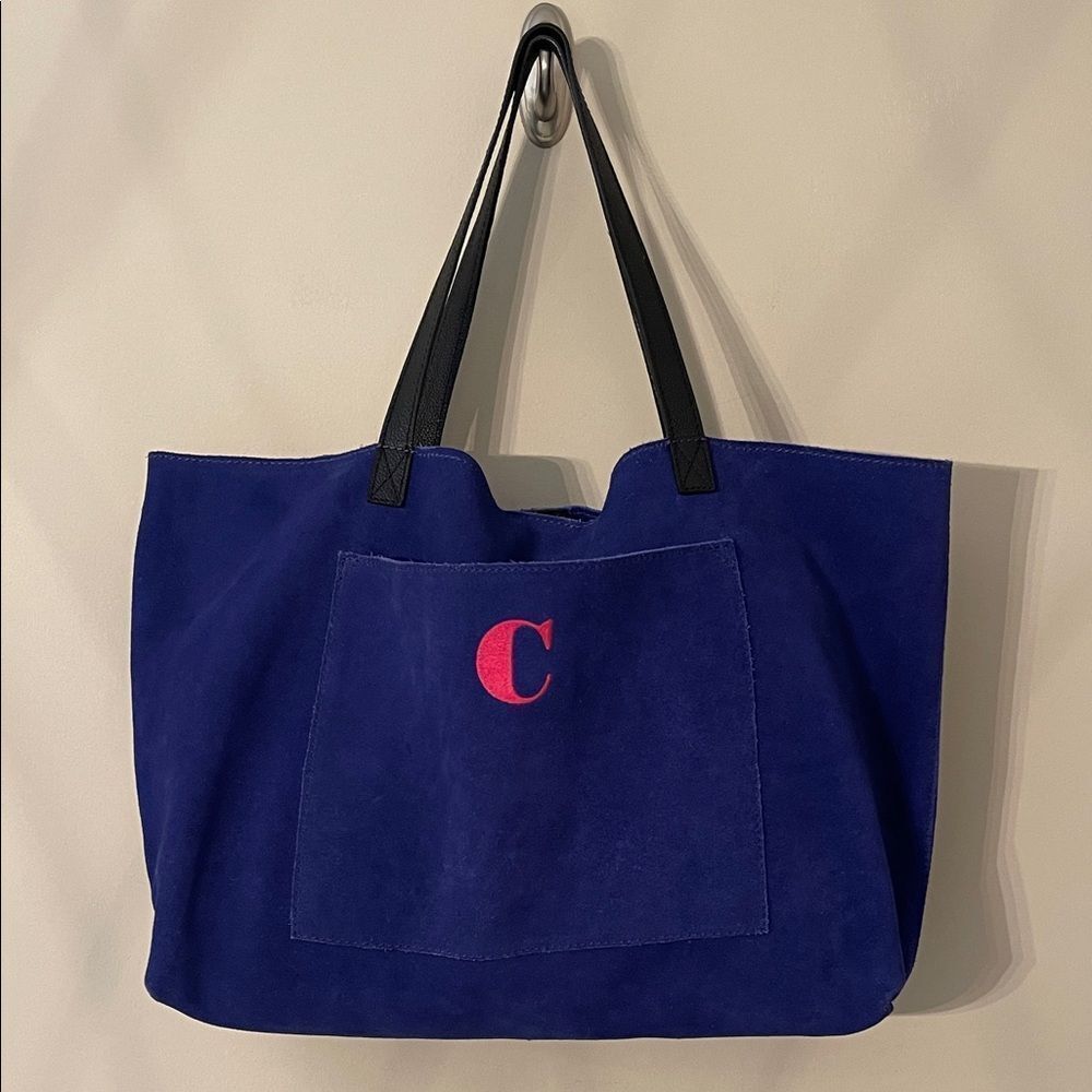 Mark & Graham SoHo Boho “C” Monogramed Blue Suede Tote with Black Handles